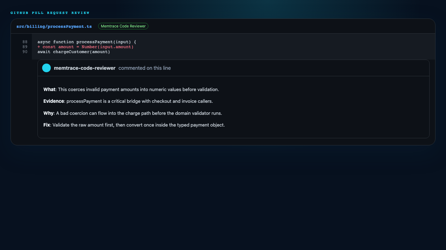 GitHub pull request page with a Memtrace Code Reviewer inline comment using What, Evidence, Why, and Fix sections.